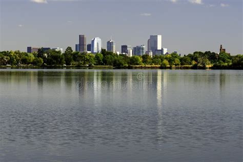 Denver Colorado City Skyline Reflecting On Sloan S Lake Stock Photo