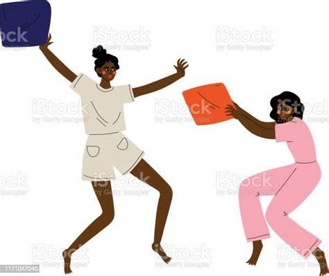 two girls in pajamas playing pillow fight at slumber party vector illustration stock