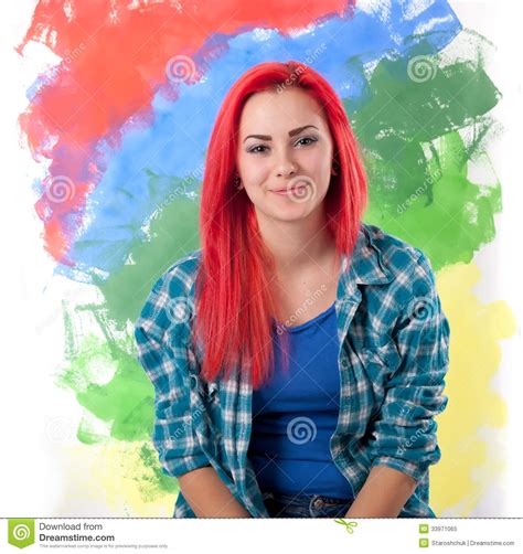 Girl With Bright Red Hair On A Colorful Background Royalty