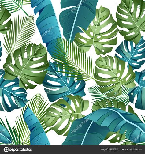 Seamless Pattern Tropical Leaves Palms Monstera Banana Leaves Jungle