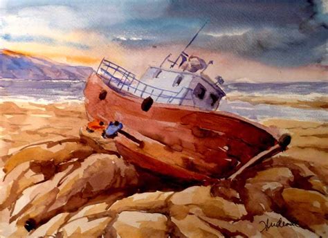 Acrilicos Y Acuarelas Con Diferentes Estilos Barco Encallado Shipwreck