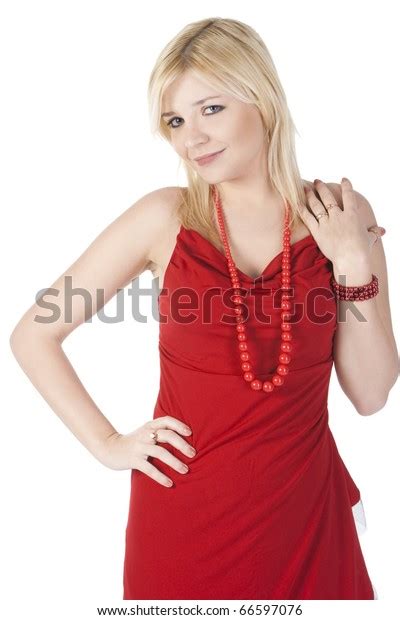 Sexy Blonde Woman Posing Red Dress 스톡 사진 66597076 Shutterstock