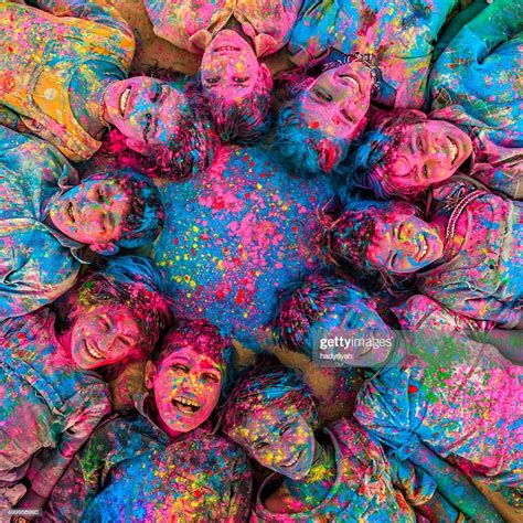 Group Of Happy Indian Children Playing Holi Desert Village India High