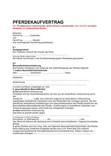 Kaufvertrag über ein pferd zum kostenlosen download. Kaufvertrag Pferd Muster Fn