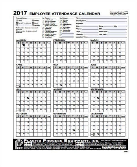 Ppe Printable 2020 Attendance Calendar