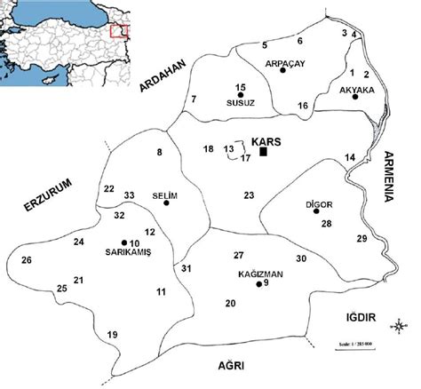 The Map Of Kars Province Location In Turkey And The Numbers Of The
