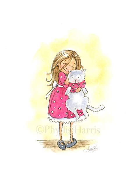 Little Girl And Her Cat Cat Hug Customizable Hair Color On Etsy