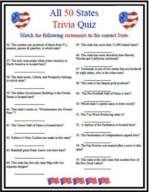 Red, white & blue printable ~ print this simple and graphic patriotic print off in two different colors. All 50 States Trivia | Trivia for seniors, Trivia ...