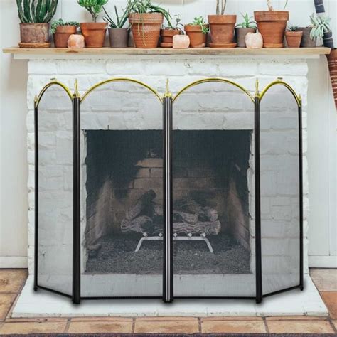 2 Door Floral Fireplace Fire Screen With Beveled Glass Panels Black