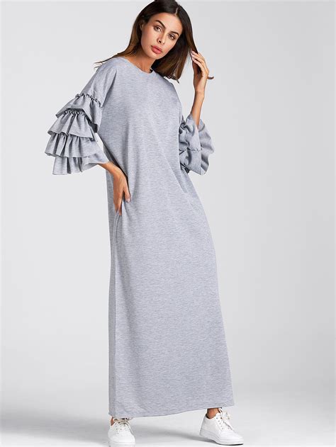 Tiered Frill Sleeve Full Length Dress Grey Long Sleeve Dress Full