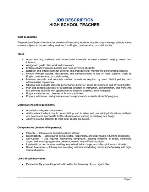 High School Teacher Job Description Template By Business In A Box