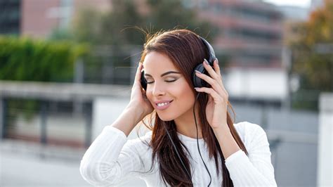 Beautiful Brunette Girl Listening To Music On Headphones Wallpapers And