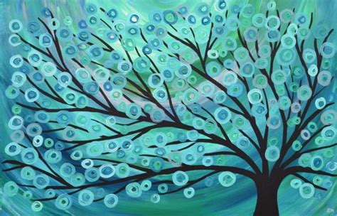 Teal Green And Turquoise Abstract Tree Painting 30 X 20