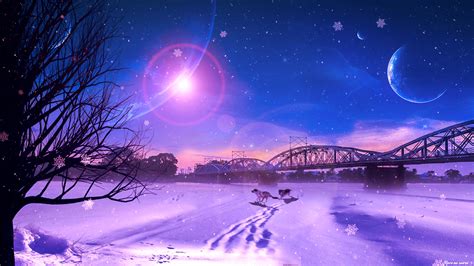 Wolf In Snow Field In Blue Bridge And Planet Sky With Snowflake