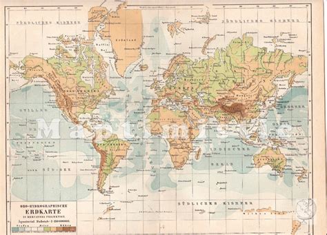 1889 Orohydrographic World Map In The 19th Century With