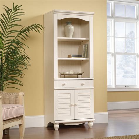 Harbor View Antiqued White Library Bookcase With Doors