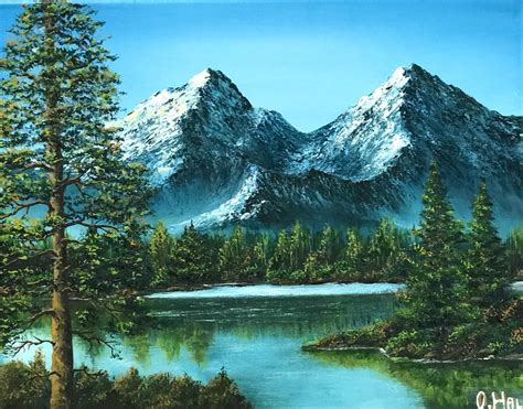 Pine Tree Near The Mountain Lake Oil Painting 14x11 T Decoration