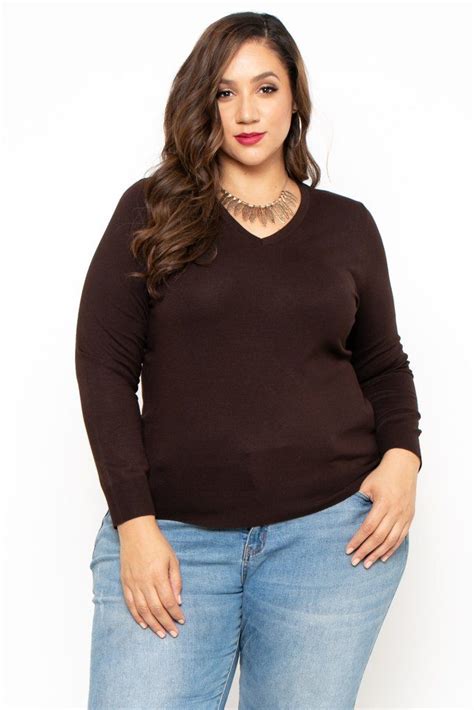 Plus Size V Neck Sweater Dark Brown This Plus Size Stretch Knit Top