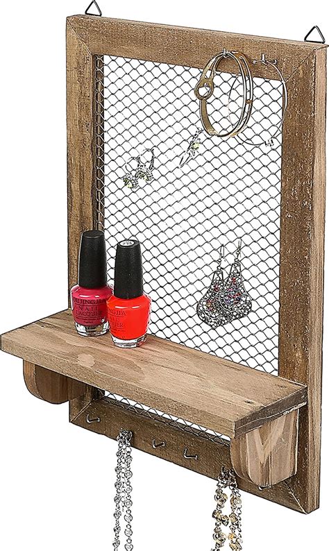 Myt 32 Hook Wooden Wall Mounted Jewelry Organizers With Mesh Earring