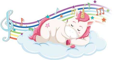 Cute Unicorn Sleeping On The Cloud With Melody Symbols On Rainbow