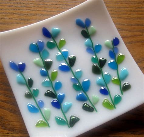 Fused Glass Plate Shakuf Design Blooming Branches In Blue And Fused