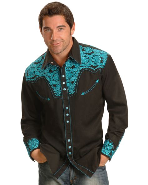 Scully Mens Turquoise Gunfighter Embroidered Long Sleeve Western Shirt