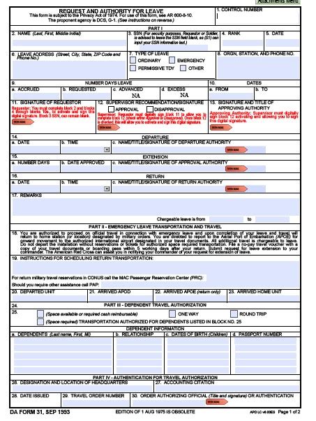 Army Leave Form Fillable Da 31 Printable Forms Free Online
