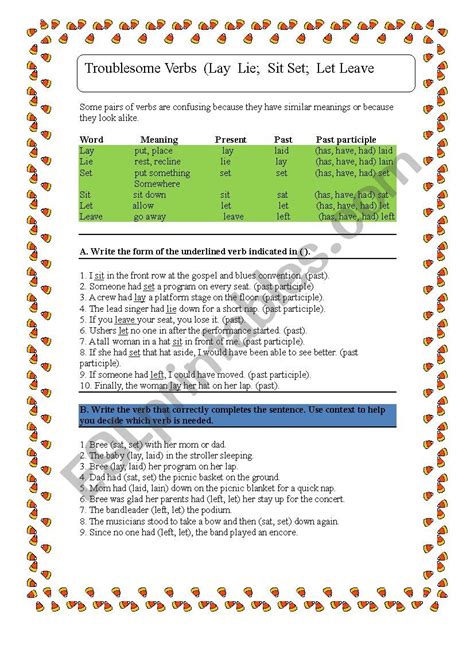 troublesome verbs (Definitions & Exercises) - ESL worksheet by