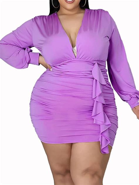 Womens Plus Size Holiday Dress Solid Color V Neck Ruched Long Sleeve