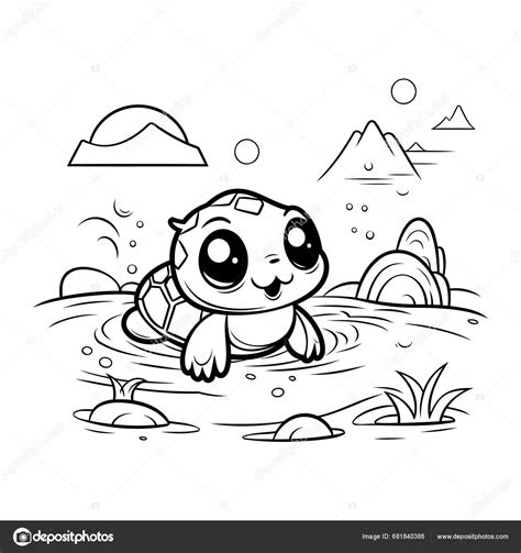 Cute Kartun Kura Kura Berenang Danau Ilustrasi Vektor Untuk Buku Vektor