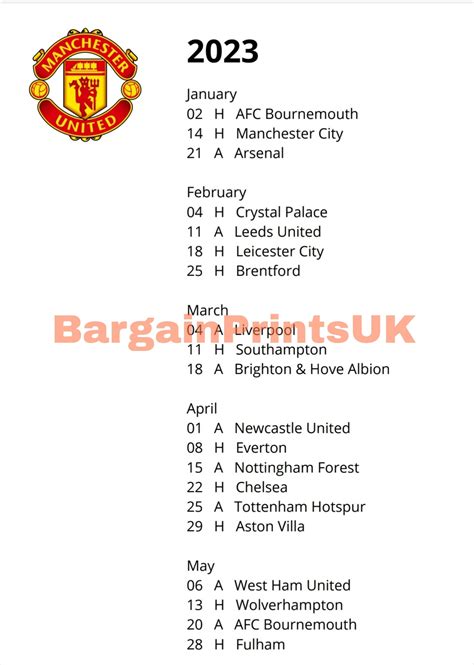 Manchester United Premier League Fixtures 2022-2023 UK | Etsy