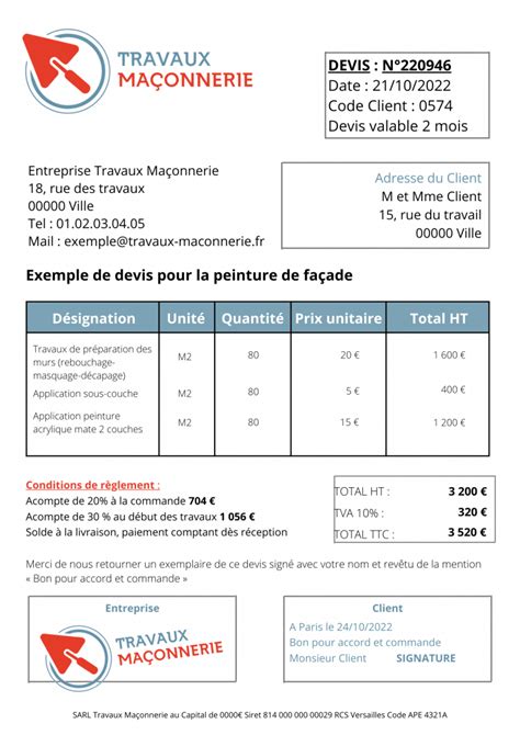 Exemple de devis pour la peinture de façade  Conseils et devis en