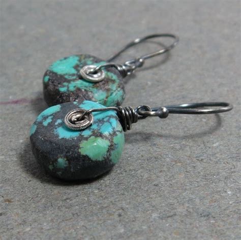 Turquoise Earrings Oxidized Sterling Silver Earrings By Vickiorion