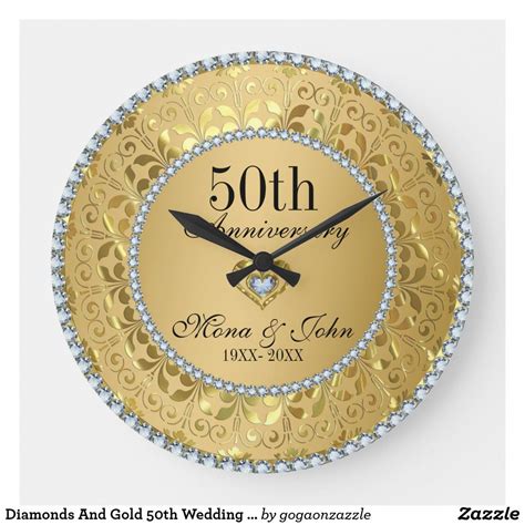 Diamonds And Gold Th Wedding Anniversary Large Clock Zazzle Com