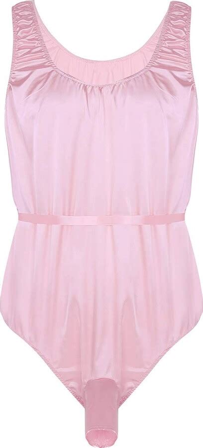 chictry men s lingerie satin frilly thong leotard high cut bodysuit nightwear panties pink large