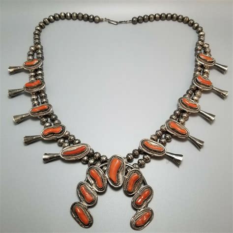 Vintage Navajo Squash Blossom Necklace Sterling Silver Coral Native