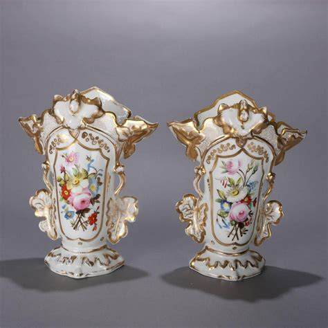 Pair Of Antique Hand Painted And Gilt Floral Old Paris Porcelain Spill