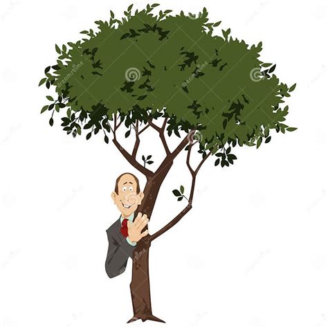 Funny People Man Hiding Behind Green Tree Stock Vector Illustration