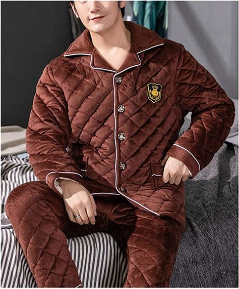 femaroly men winter pajamas set thick three layer quilted fleece flannel loungewear pyjamas
