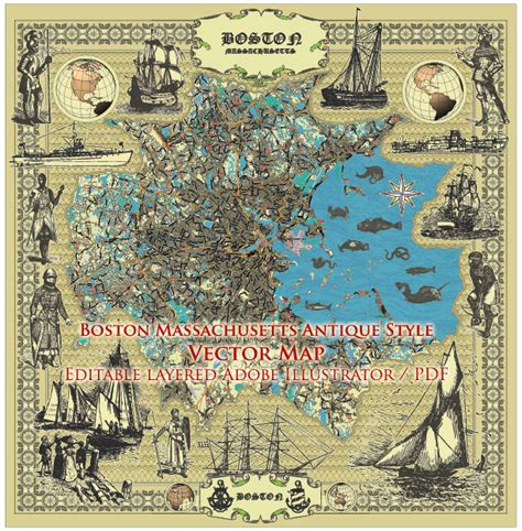 Boston Massachusetts Us Pdf Map Vector Antique Style City Plan Detailed