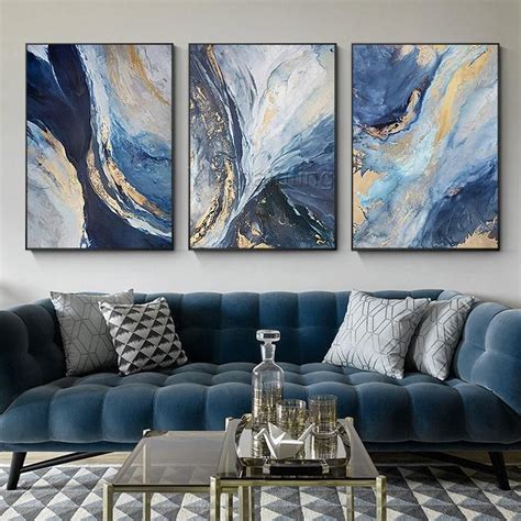Gold Art 3 Pieces Wall Art Ocean Navy Blue Painting Abstract Etsy