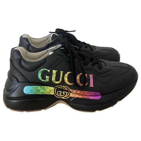 Gucci Rhyton Black Sneakers With Multicolored Logo Leather Ref228854