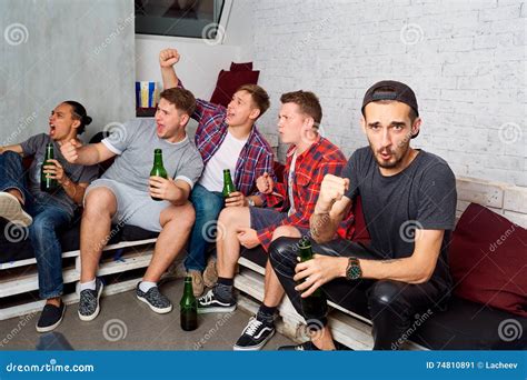 Friends Together Watching Tv Drinking Beer Yelling Laughing Having
