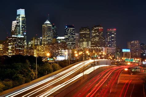 Philadelphia Skyline At Night In Color Car Light Trails