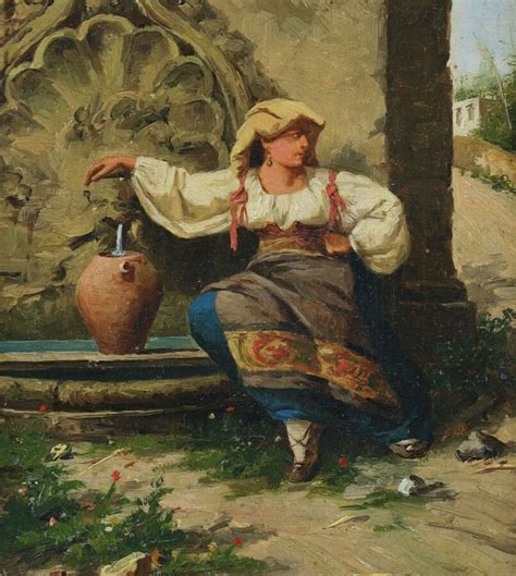 Woman Fetching Water Antique Oil Painting 19th Century Italian School