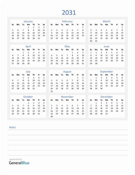 2031 Yearly Calendar Template With Notes Section