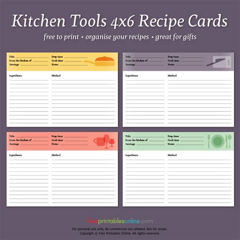 Get into the online cooking recipes business from the entrepreneur list of food business ideas. Kitchen Tools Printable 4x6 Recipe Cards - Free Printables ...