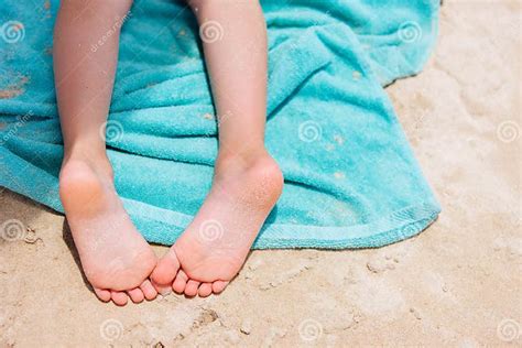 Little Girl Feet On A Beach Towel Stock Photo Image Of Holiday Feet