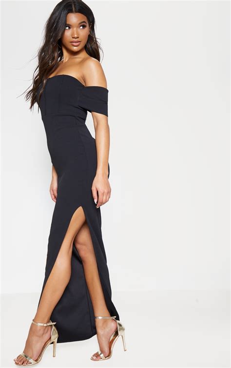 Black Bardot Split Leg Maxi Dress Dresses Prettylittlething