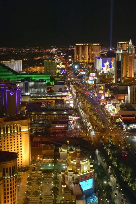 Aerial View At Night From Eiffel Tower Of Las Vegas Strip And Neon